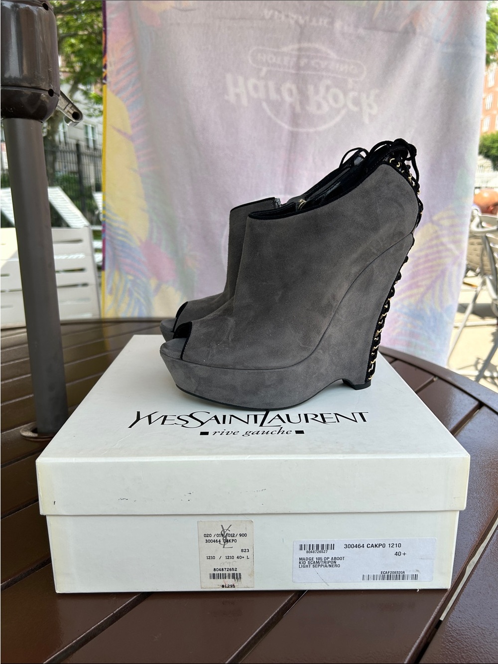 Yves Saint Laurent Gray Suede Wedge Peep-Toe Booties with Chain Heel